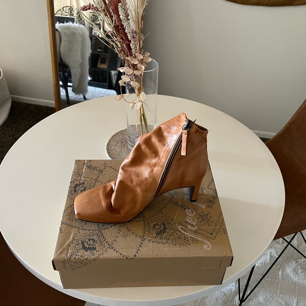 Free People Tan Heeled Boots with Asymmetrical Design
